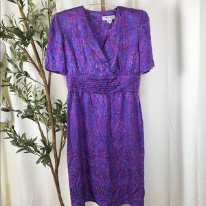 Nora Noh 100% Silk 80’s Vintage Purple Floral Wrap-Style Midi Dress Sz 14 (V1)